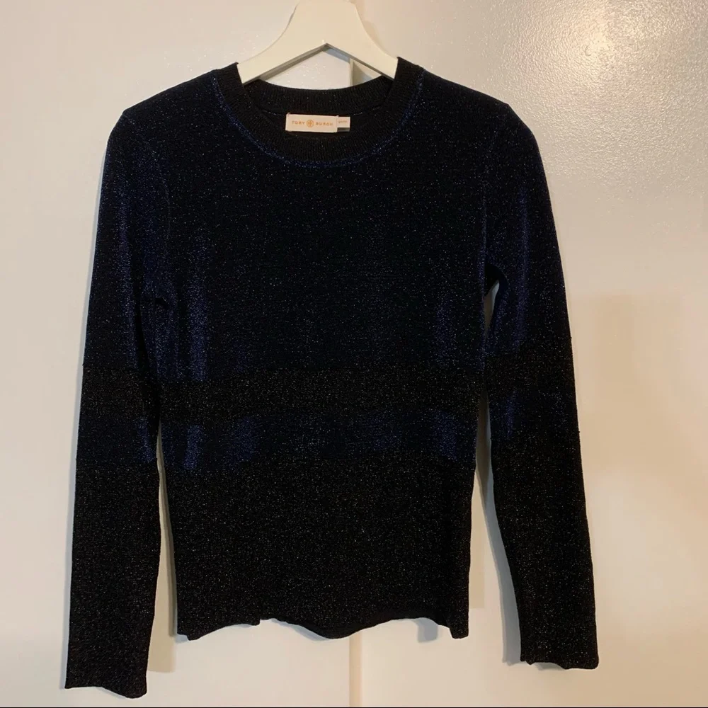 Tory Burch XS color block wool blend pullover crew neck sweater ribbed metallic